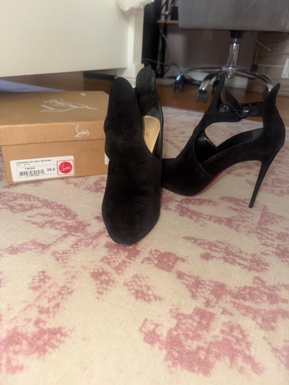 Christian Louboutin Black Suede Cutout Stiletto Ankle Strap Pumps